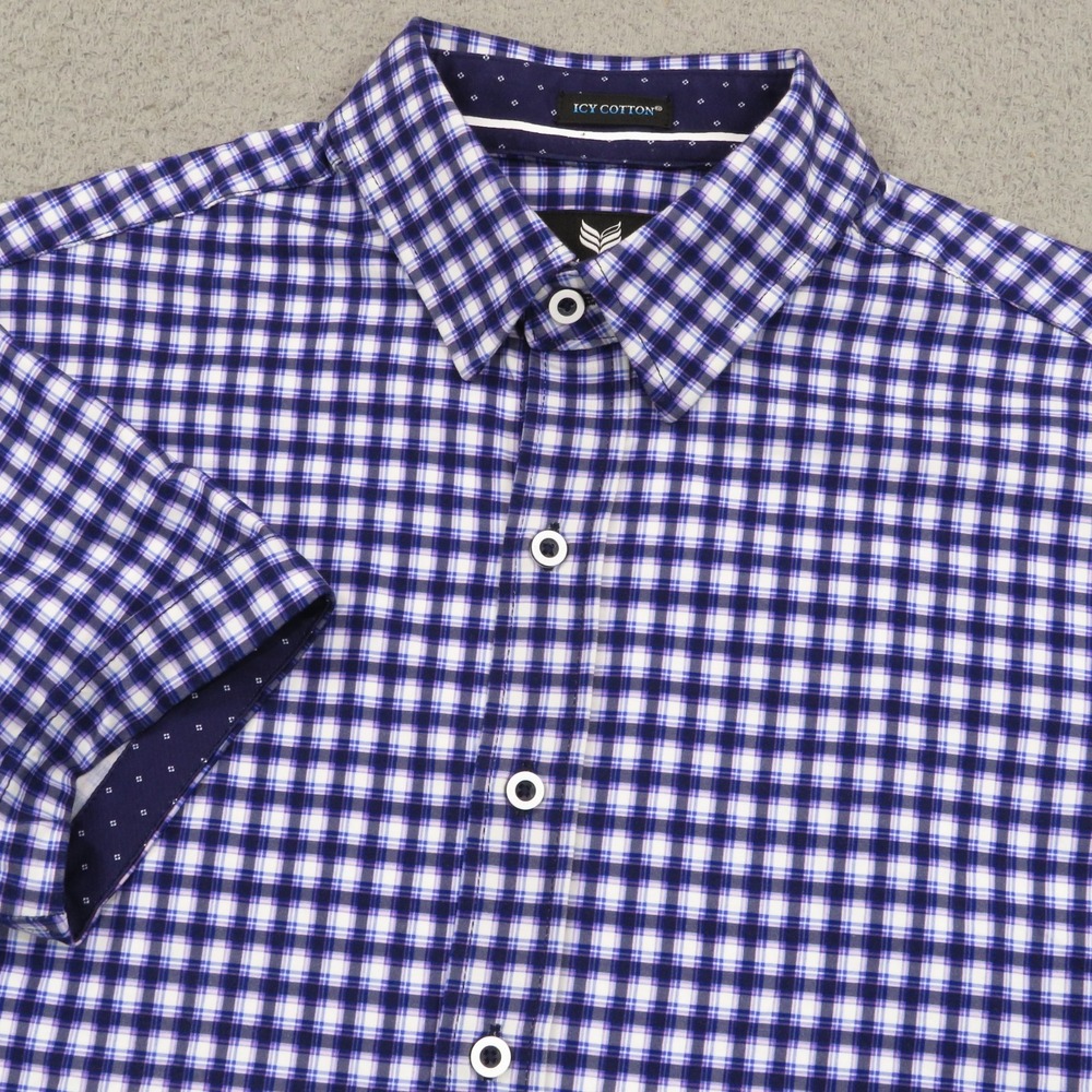 Buttercloth Shirt Mens Small Slim Icy Cotton Performance Plaid Blue Short Sleeve